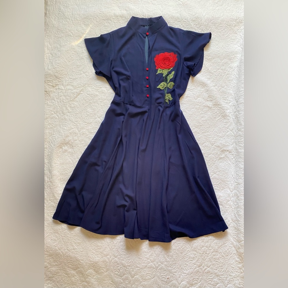 Unique Vintage Navy Blue Midi Dress with Red Rose Embroidery